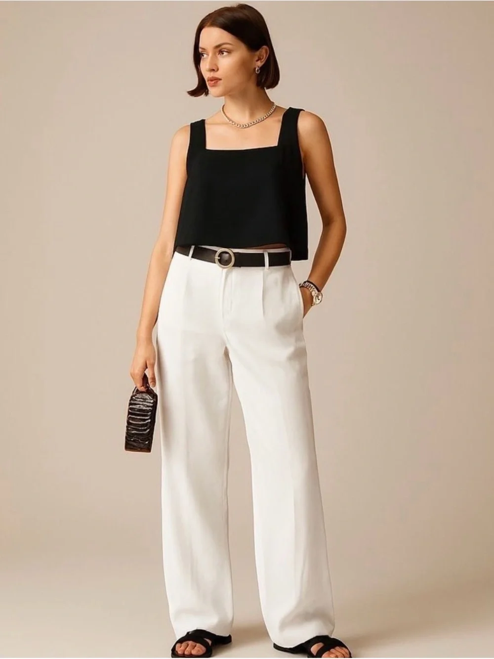 J. Crew Black Square-Neck Linen Cropped Tank Size Large